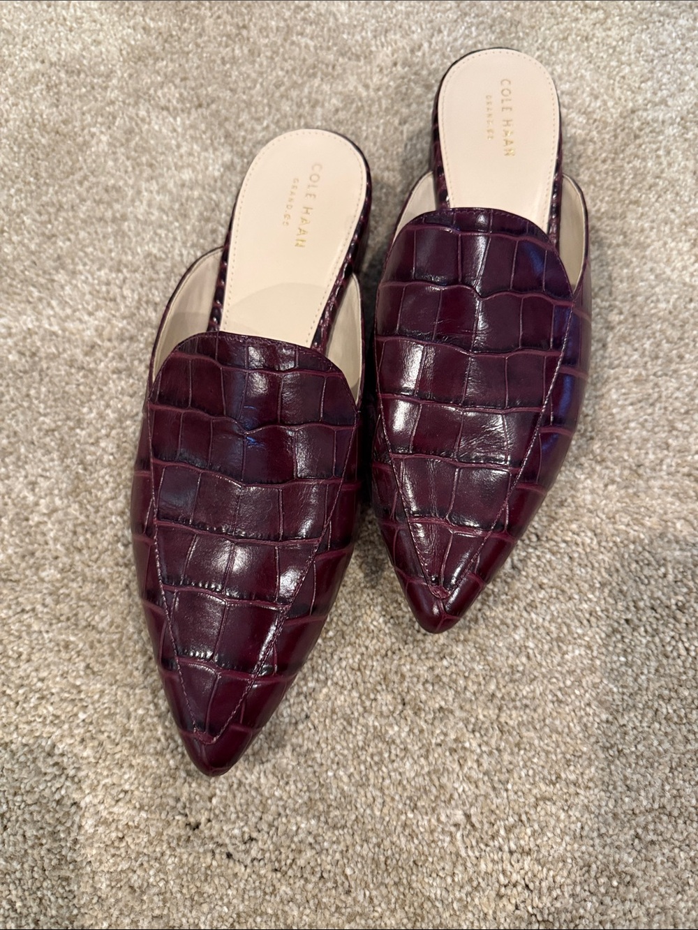 Cole Haan Pointed Croc-Embossed Slip-On Mules in Deep Burgundy